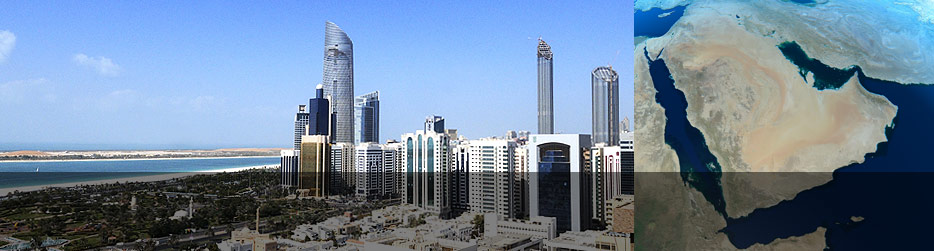 Picture of the Abu Dhabi skyline from a distance next to a pic of a talascend the Middle East's managing director to depict Talascend's recruiting efforts in Abu Dhabi