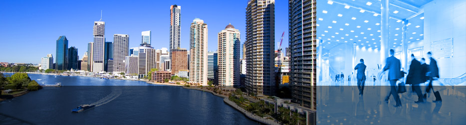 Picture of the Brisbane skyline from a distance next to a pic of a group of business people walking to a meeting depicting Talascend's recruitment consultants in Australia.